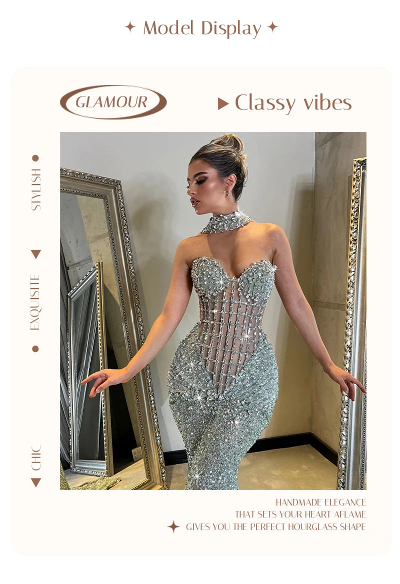 VC Glamorous Silver Sequin Sleeveless Strapless Mermaid Dress for Galas Party Wedding Evening Gown