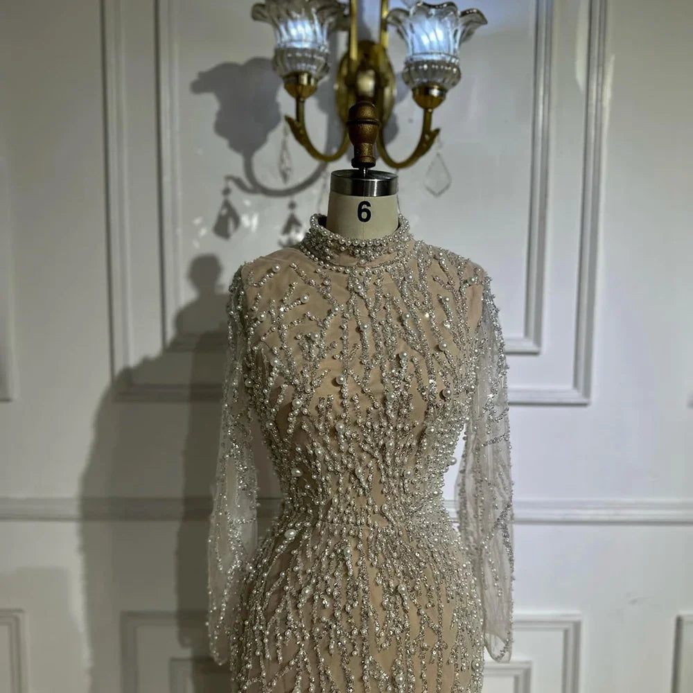 Serene Hill 2025 Saudi Arabic Pearls Beaded Nude Mermaid Evening Dresses For Formal Occasion LA72345A Customized