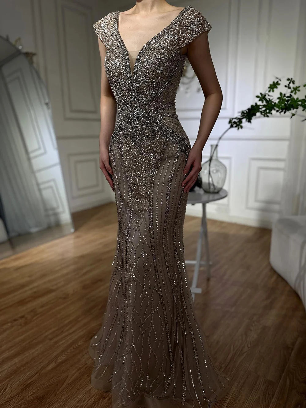 Customized Dubai Caramel Elegant Sleeveles Mermaid Beaded Arabic Evening Dresses Gowns For Women Wedding Party 2025 LA72456