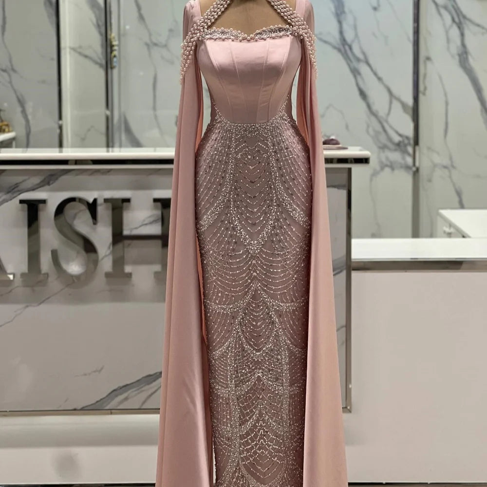 Bella Customized Champagne Beaded With a Shawl robes de soirée Strapless Satin Pearls Party Dresses Floor-Length Prom Dress 2025