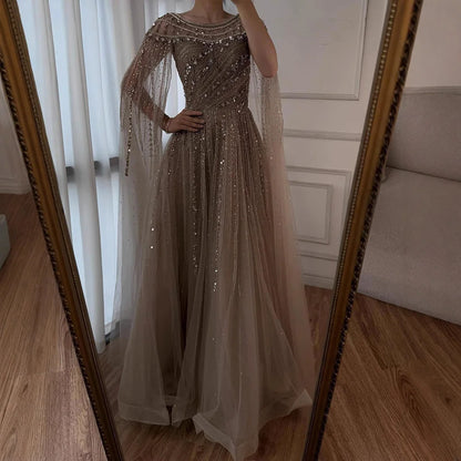 Luxury Caramel Evening Dress with Cape Long Sleeve Beaded Formal Gown for  Occasion Serene Hill 2025 LA72994 Customized