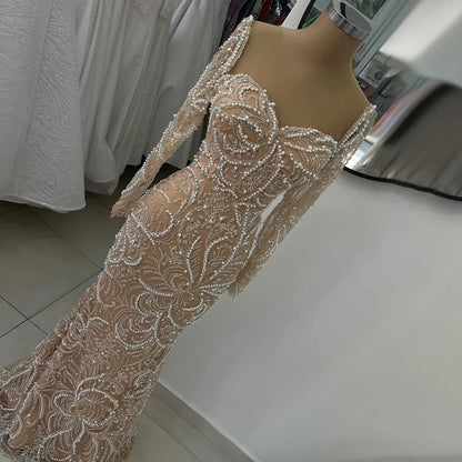 Serene Hill 2025 Nude Mermaid Pearls Beaded Arabic Evening Dresses For Occasion Dress LA72648 Customized