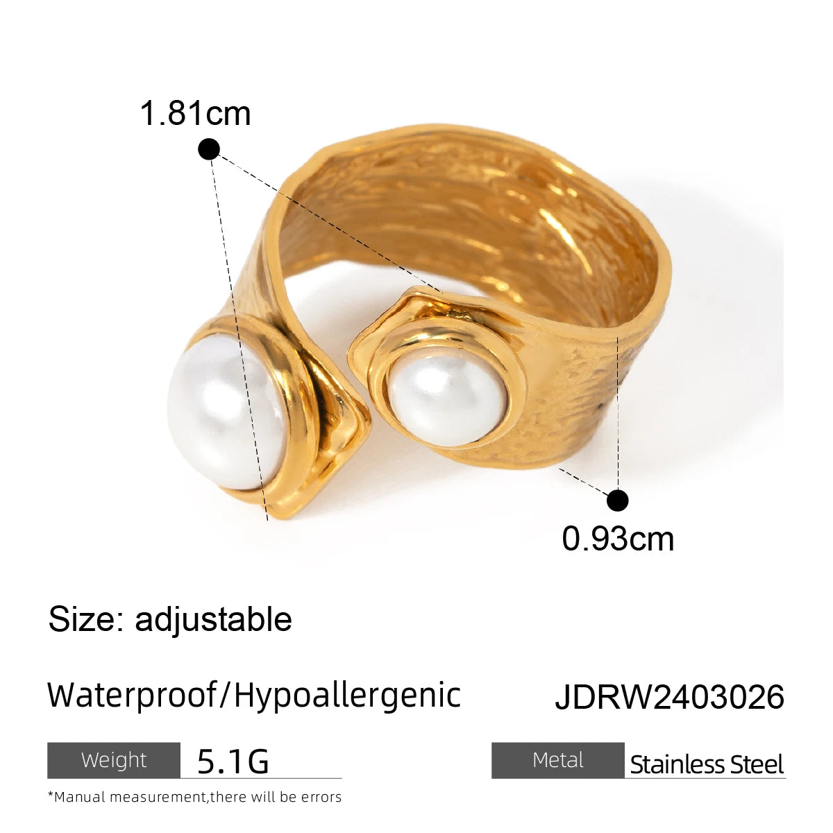 Zora Women's Fashion Elegant Pearl Open Ring 18K Gold-plated Stainless Steel Ring Jewelry for Party Vacation