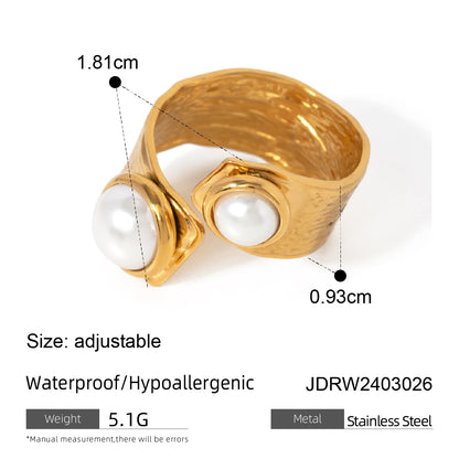 Zora Women's Fashion Elegant Pearl Open Ring 18K Gold-plated Stainless Steel Ring Jewelry for Party Vacation