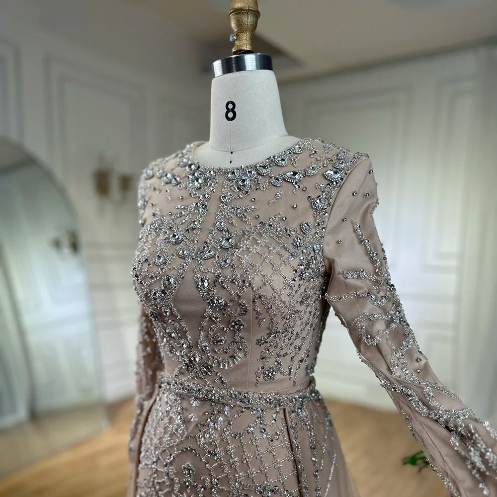 Serene Hill Muslim Silver Nude Mermaid Gown with Detachable Overskirt Beaded Evening Dress for Women Wedding Party 2025 LA71919