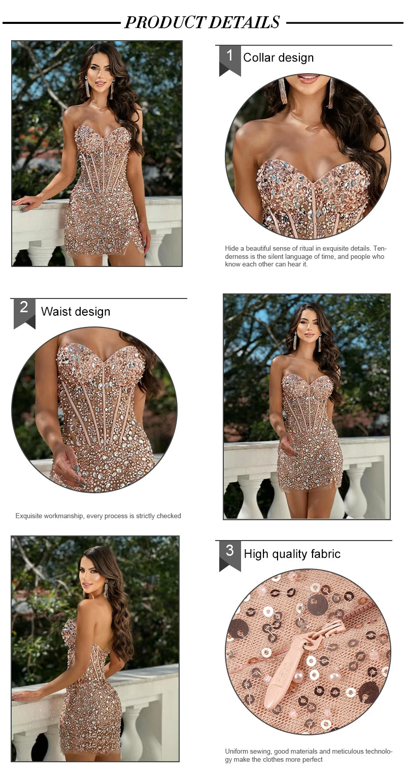 VC Sweetheart Beaded Sequins Sparkly Sheath Short Dress Strapless Tube Crystals Embellished Cocktail Party Evening Outfits