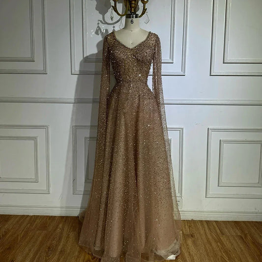 Serene Hill 2025 Customized Saudi Arabic Caramel Beaded Cape Sleeves A Line Evening Dresses For Formal Occasion LA72147A