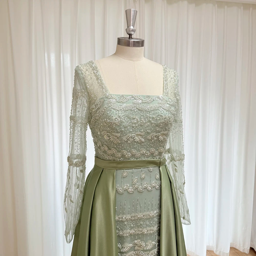 Elegant Pearls Evening Dress for Women with Detachable Skirt 2025 Luxury Long Sleeves Formal Prom Wedding Party Gown Customized