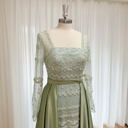 Elegant Pearls Evening Dress for Women with Detachable Skirt 2025 Luxury Long Sleeves Formal Prom Wedding Party Gown Customized