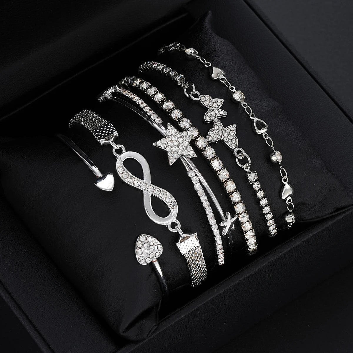 Elegant Sparkling Rhinestone Bracelets Set for Women Butterfly Heart Infinity Star Designs Open Bracelet Daily Wear Jewelry Gift