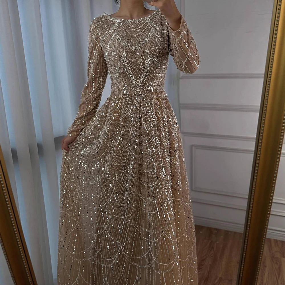 Luxury Olive Green Long Sleeve Beaded A Line Evening Gown for Wedding Party Prom Serene Hill 2025 Customized LA72738B Plus Size