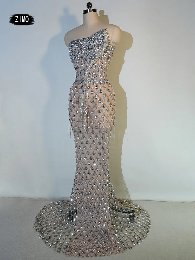 luxury Bright Crystal Dress Sexy Luxury Beaded Rhinestone Tulle Evening Prom Party Dress Noble Shooting Wedding Wedding Dresses