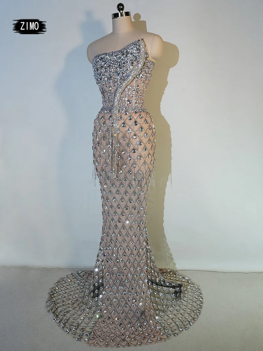 luxury Bright Crystal Dress Sexy Luxury Beaded Rhinestone Tulle Evening Prom Party Dress Noble Shooting Wedding Wedding Dresses