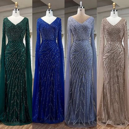 Serene Hill Arabic Mermaid Blue Beaded  Cape   Evening Dress Gown  2025 LA71493A Customized