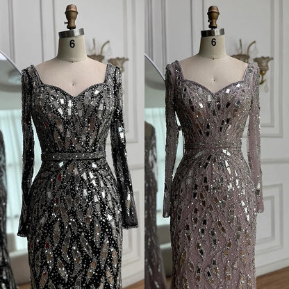 Luxury Black Silver Long Sleeve Evening Dress with Sequins Elegant Mermaid Gown for Women 2025 Serene Hill Customized LA73113