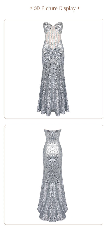 VC Glamorous Silver Sequin Sleeveless Strapless Mermaid Dress for Galas Party Wedding Evening Gown