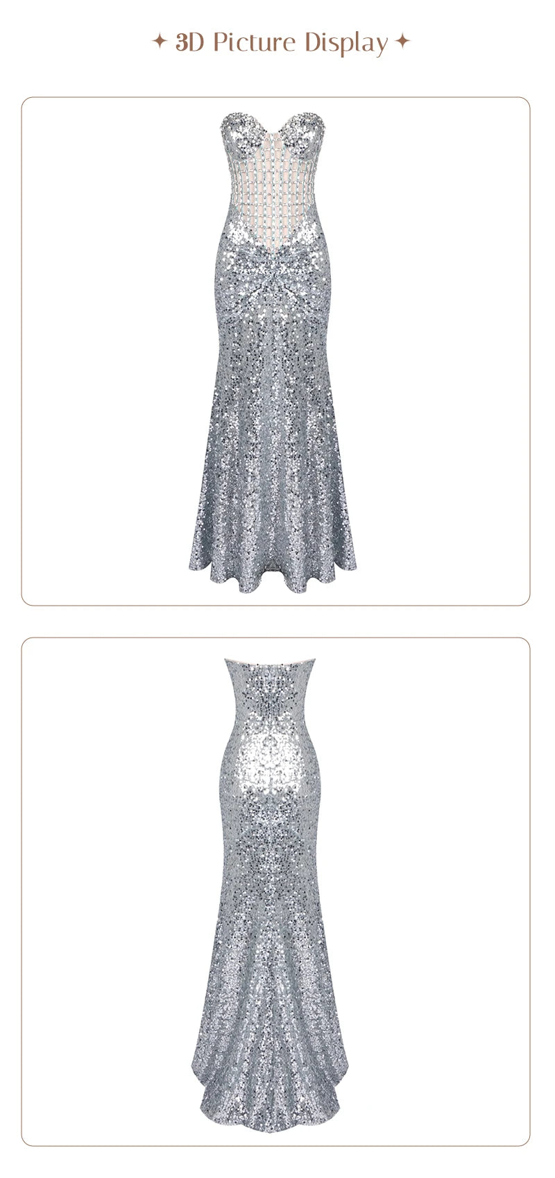 VC Glamorous Silver Sequin Sleeveless Strapless Mermaid Dress for Galas Party Wedding Evening Gown