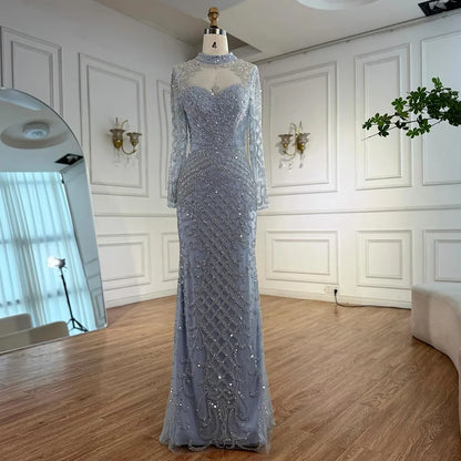 Luxury Caramel Beaded Evening Dress with High Neck Long Sleeves Mermaid Gown Serene Hill 2025 Customized LA71747A