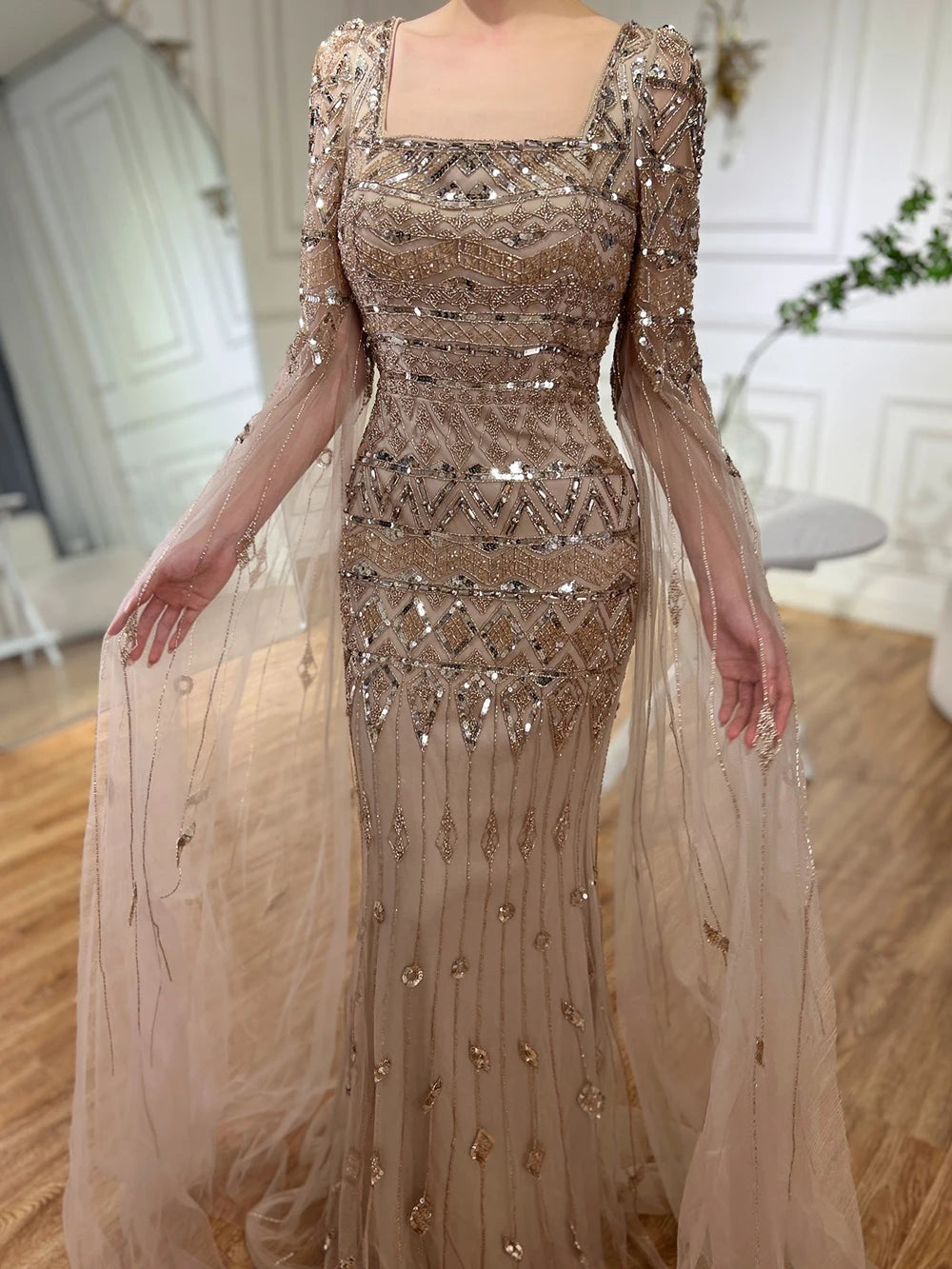 2025 Caramel With Beaded Cape Sleeves Design Mermaid Long Evening Dresses Gowns For Women's Wedding Party LA72355A Customized