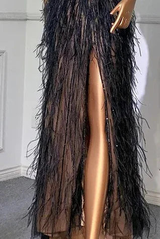 Serene Hill Dubai Halter Beige  Feathers Beaded Formal Luxury Mermaid Evening Dresses For Women Wedding Party 2025 LA70623A