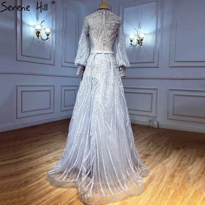 Customized Muslim Grey Overskirt Evening Dresses Gowns 2025 Mermaid Elegant Beaded For Woman Party Plus Size LA71248