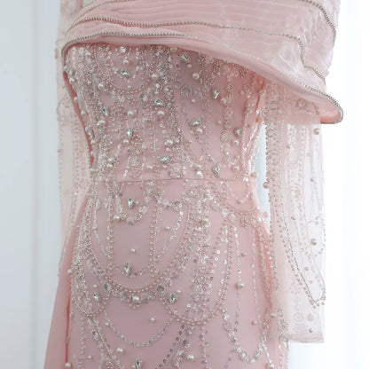 Sharon Said Nude Luxury Crystal Mermaid Evening Dress with Overskirt Long Sleeve Dubai Wedding Formal Prom Gown SS256 Customized