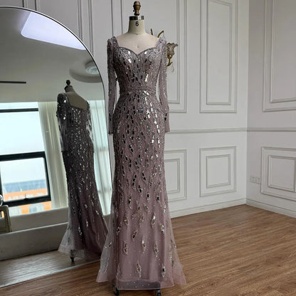 Luxury Black Silver Long Sleeve Evening Dress with Sequins Elegant Mermaid Gown for Women 2025 Serene Hill Customized LA73113