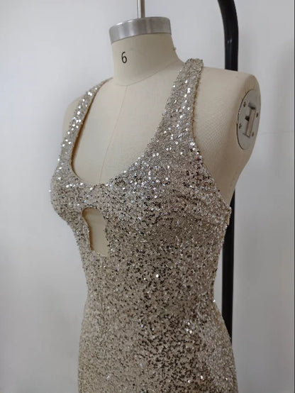 Long Dresses Women Elegant Shinny Sequins Midi Dress Female Sleeveless Backless Long Vestidos Lady Party Club Evening Robes