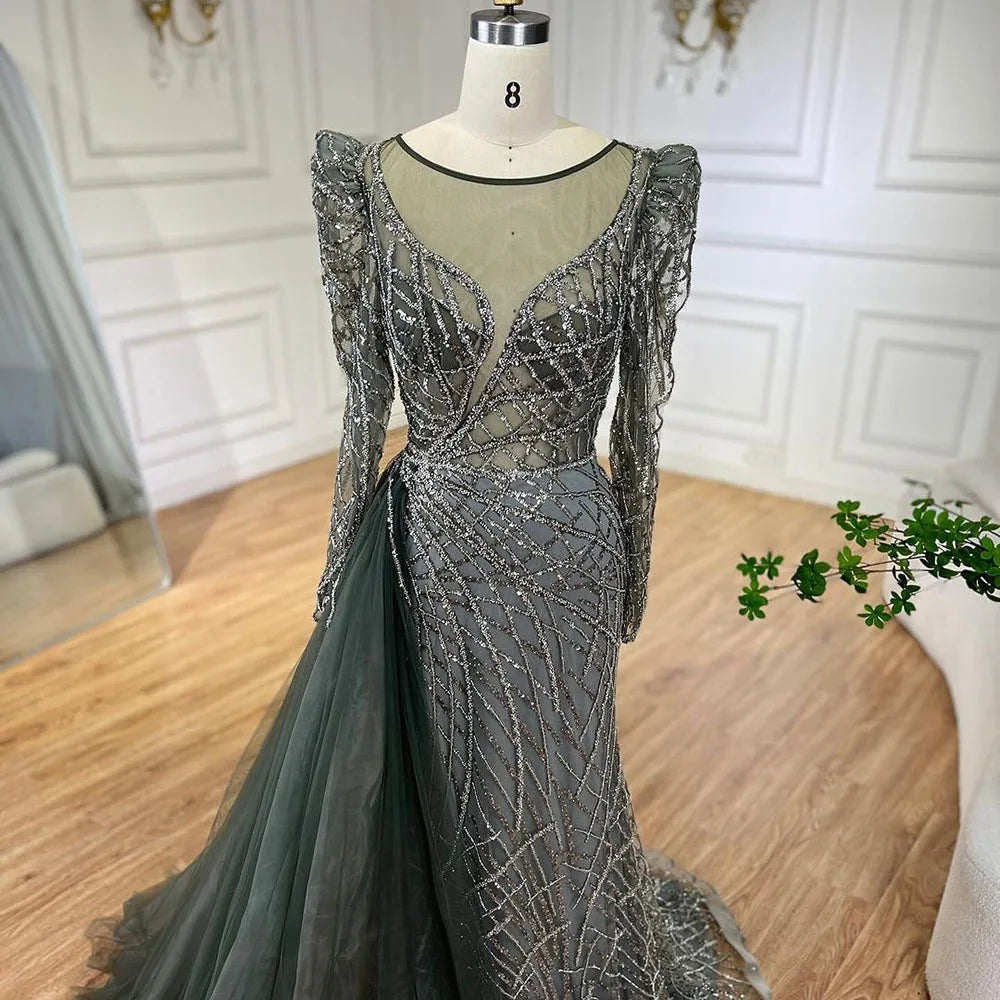 Serene Hill Muslim Gold Mermaid Beaded  Dubai Evening Dresses Gowns With Overskirt 2025 For  Party LA72206 Customized