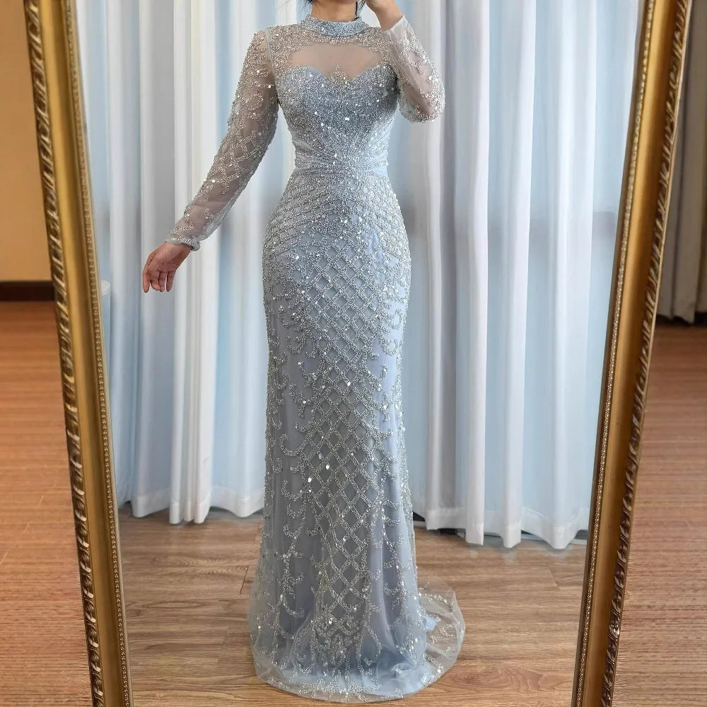 Luxury Caramel Beaded Evening Dress with High Neck Long Sleeves Mermaid Gown Serene Hill 2025 Customized LA71747A