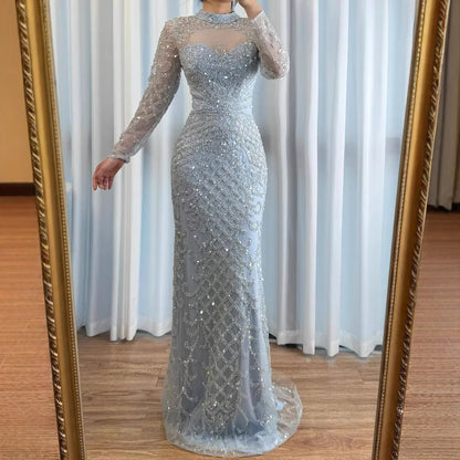Luxury Caramel Beaded Evening Dress with High Neck Long Sleeves Mermaid Gown Serene Hill 2025 Customized LA71747A