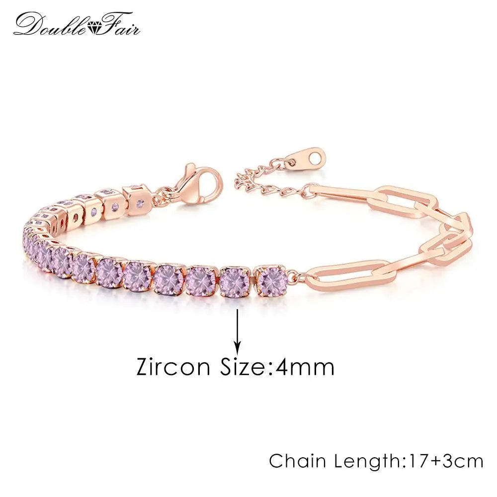 Romantic Pink Crystal Tennis Bracelets for Female Women Trend Shiny Zirconia Adjustable Folding Buckle Chain on Hand Jewelry