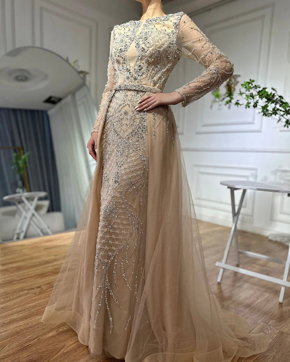 Serene Hill Muslim Silver Nude Mermaid Gown with Detachable Overskirt Beaded Evening Dress for Women Wedding Party 2025 LA71919