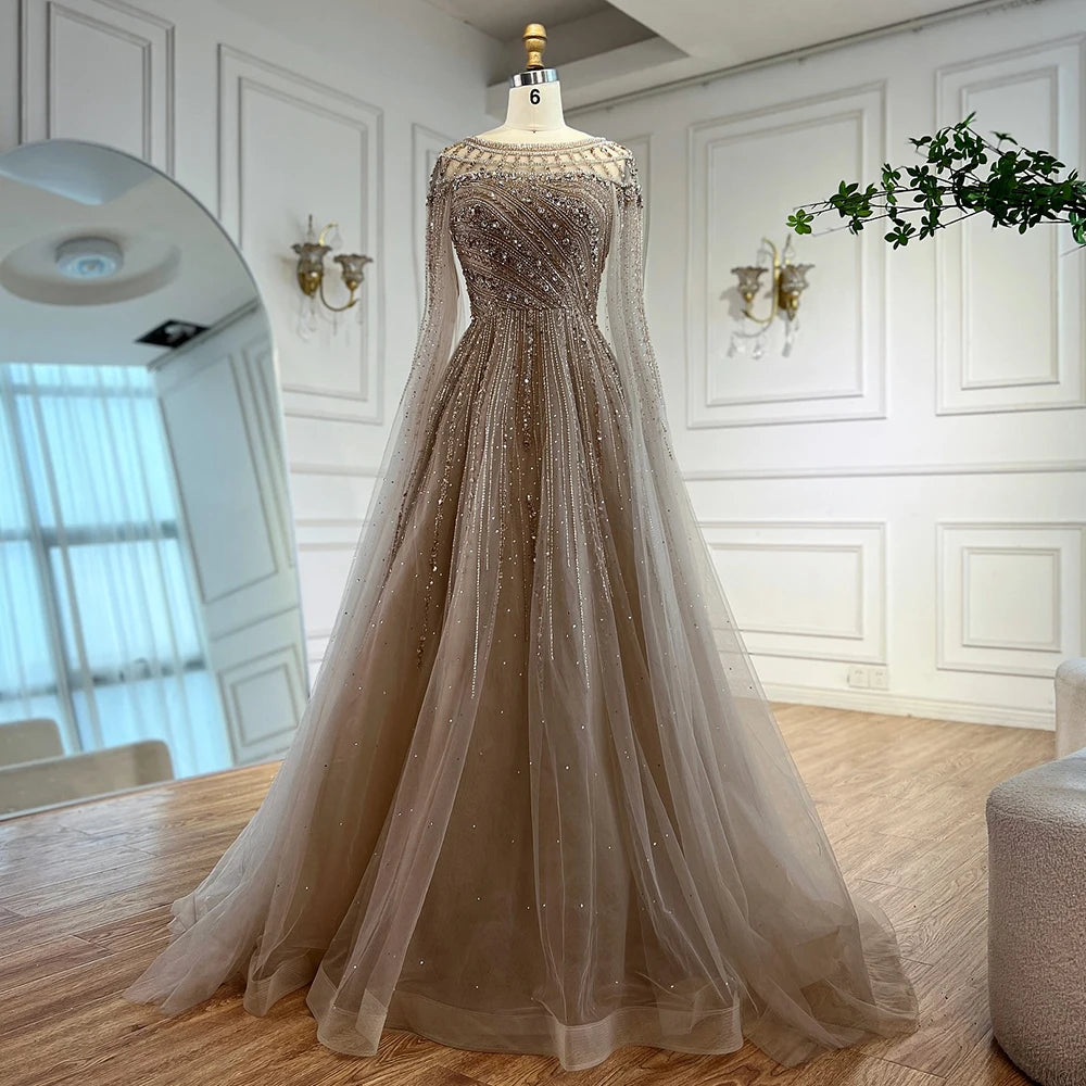 Luxury Caramel Evening Dress with Cape Long Sleeve Beaded Formal Gown for  Occasion Serene Hill 2025 LA72994 Customized