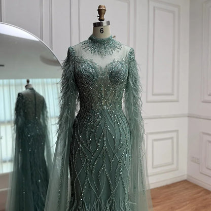 Nude Feather Evening Dress for Women High Neck Cape Sleeve Luxury Beaded Formal Gown Serene Hill 2025 Customized LA71885C