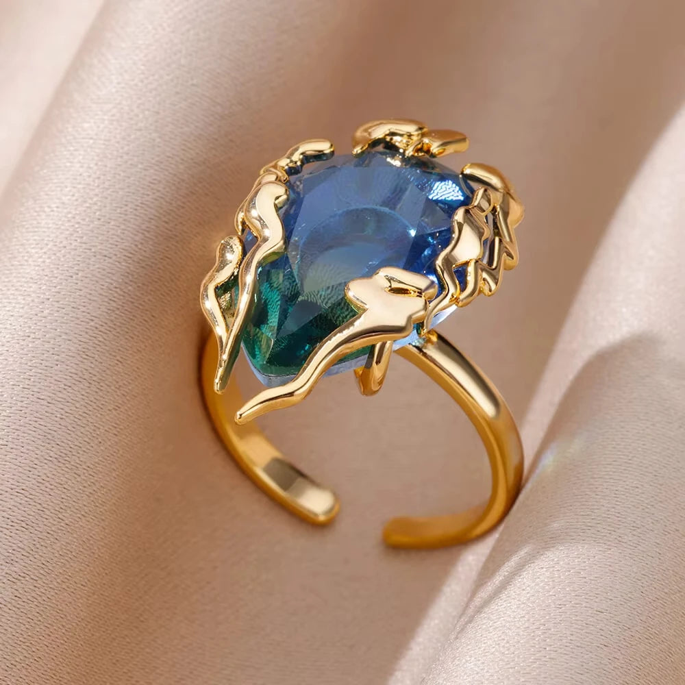 Luxury Blue Colorful Zircon Rings For Women Stainless Steel Gold Plated Flower Butterfly Ring Exquisite Party Shiny Jewelry 2025