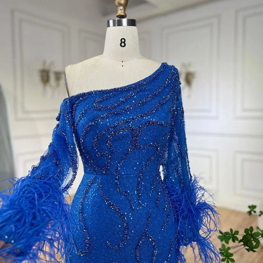 Serene Hill Blue Mermaid Elegant One-Shoulder Beaded Feathers  Evening Dress Gown for 's Wedding Party 2025 LA72395 Customized
