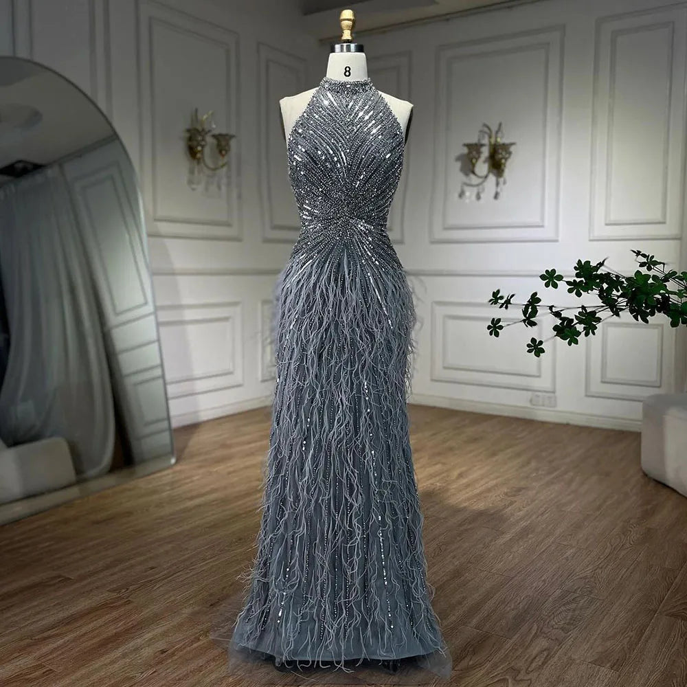 Serene Hill Dubai Halter Beige  Feathers Beaded Formal Luxury Mermaid Evening Dresses For Women Wedding Party 2025 LA70623A