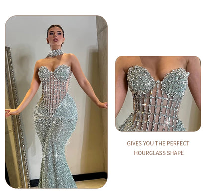 VC Glamorous Silver Sequin Sleeveless Strapless Mermaid Dress for Galas Party Wedding Evening Gown