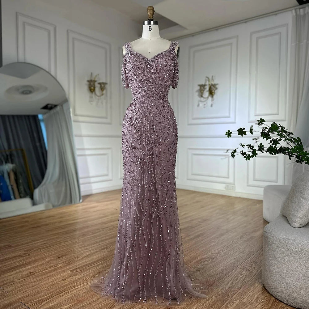 Luxury Caramel Mermaid Evening Gown Beaded Dress with Cape Sleeves Elegant Formal Party Customized LA72921