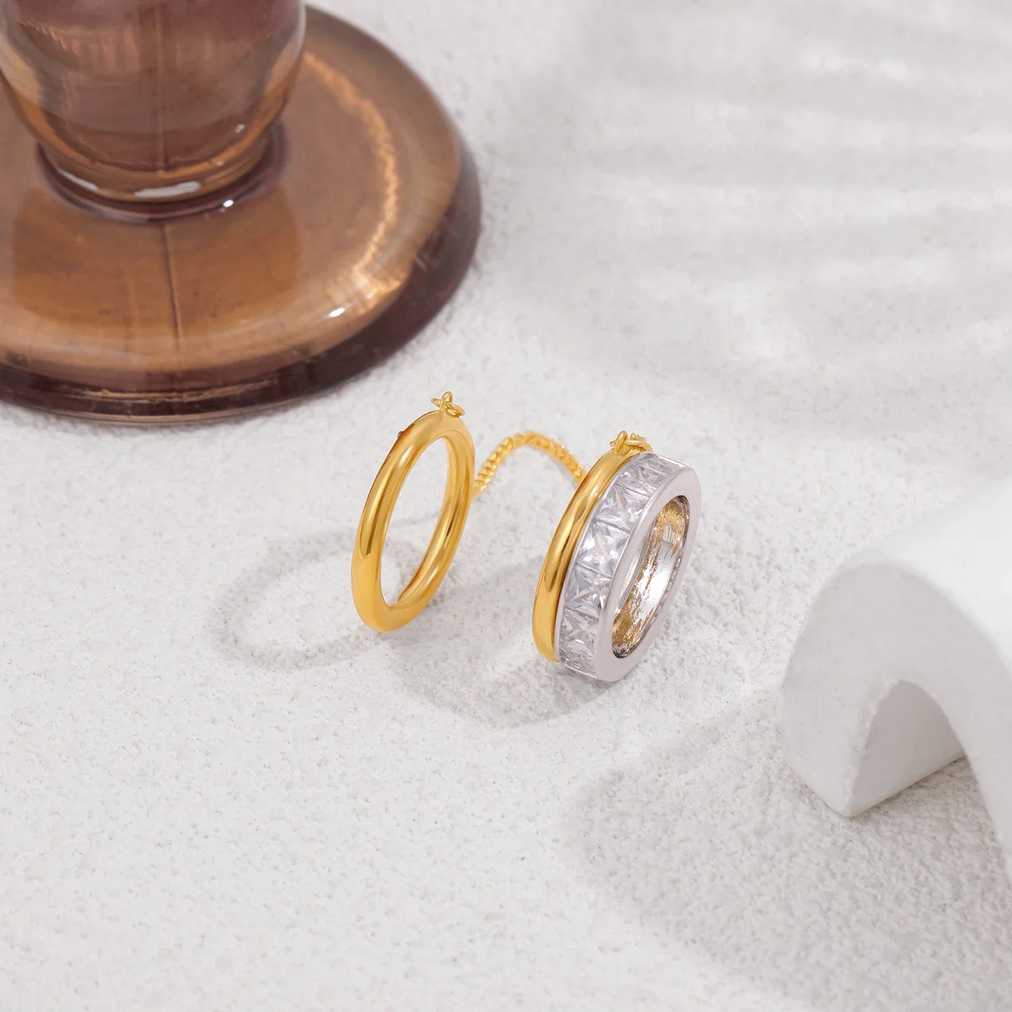 Fashion CZ Zircon Stainless Steel Double Layer Chain Ring for Women Gold Plated Tassel Link Ring Hip Hop Jewelry Waterproof