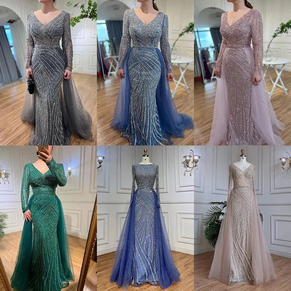 Serene Hill  Mermaid Beaded  Blue Muslim  Evening Dresses Gowns  with Detachable Skirt 2025  LA71750 Customized