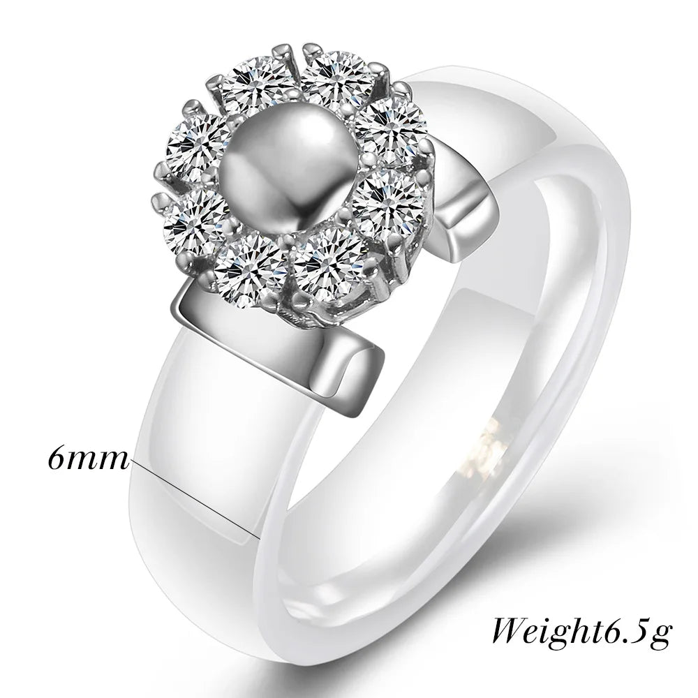 Luxury Sunflower Zircon Ceramic Ring For Women Girl Titanium Steel Metal Finger Jewelry Accessories Gift Black White Color
