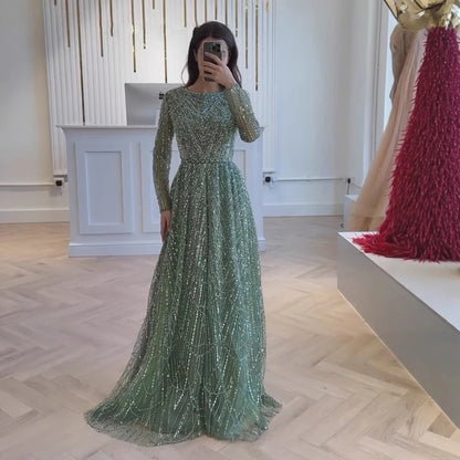Luxury Olive Green Long Sleeve Beaded A Line Evening Gown for Wedding Party Prom Serene Hill 2025 Customized LA72738B Plus Size