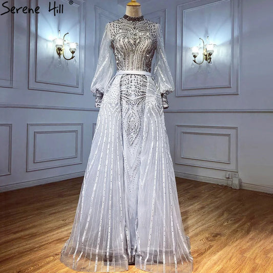 Customized Muslim Grey Overskirt Evening Dresses Gowns 2025 Mermaid Elegant Beaded For Woman Party Plus Size LA71248
