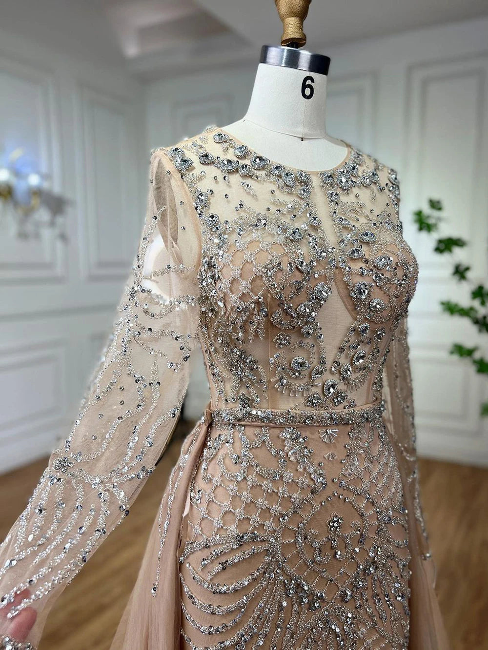 Serene Hill Muslim Silver Nude Mermaid Gown with Detachable Overskirt Beaded Evening Dress for Women Wedding Party 2025 LA71919