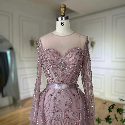 Serene Hill 2025 Customized Pink Beaded Saudi Arabic Mermaid Evening Dresses With Sheer Long Sleeves For Formal Occasion LA72875