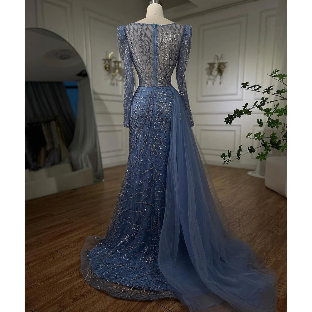 Serene Hill Muslim Gold Mermaid Beaded  Dubai Evening Dresses Gowns With Overskirt 2025 For  Party LA72206 Customized