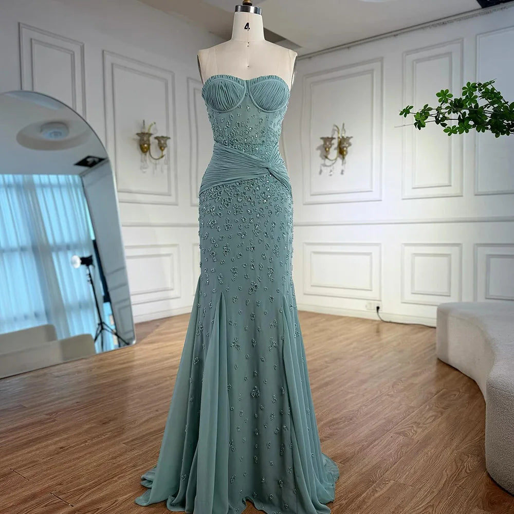 Turquoise Strapless Beaded Mermaid Evening Dress with Gloves Prom Gown Serene Hill 2025 Customized LA72933