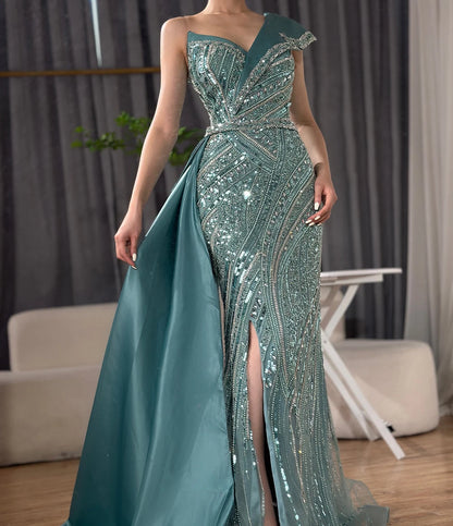 2025 Arabic Turquoise Beaded Evening Dresses  Dubai Elegant One Shoulder  Wedding Party Gowns LA72335  Customized